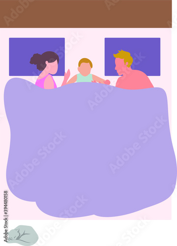 Cute family sleeping with their cat. Baby, mother, father and the cat are sleeping. Flat cartoon colorful vector illustration.