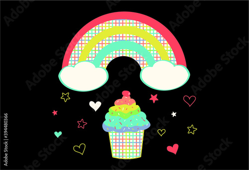 check printed and colorful cupcake under the rainbow. Cupcake, clouds, rainbow, hearts and stars on the black background