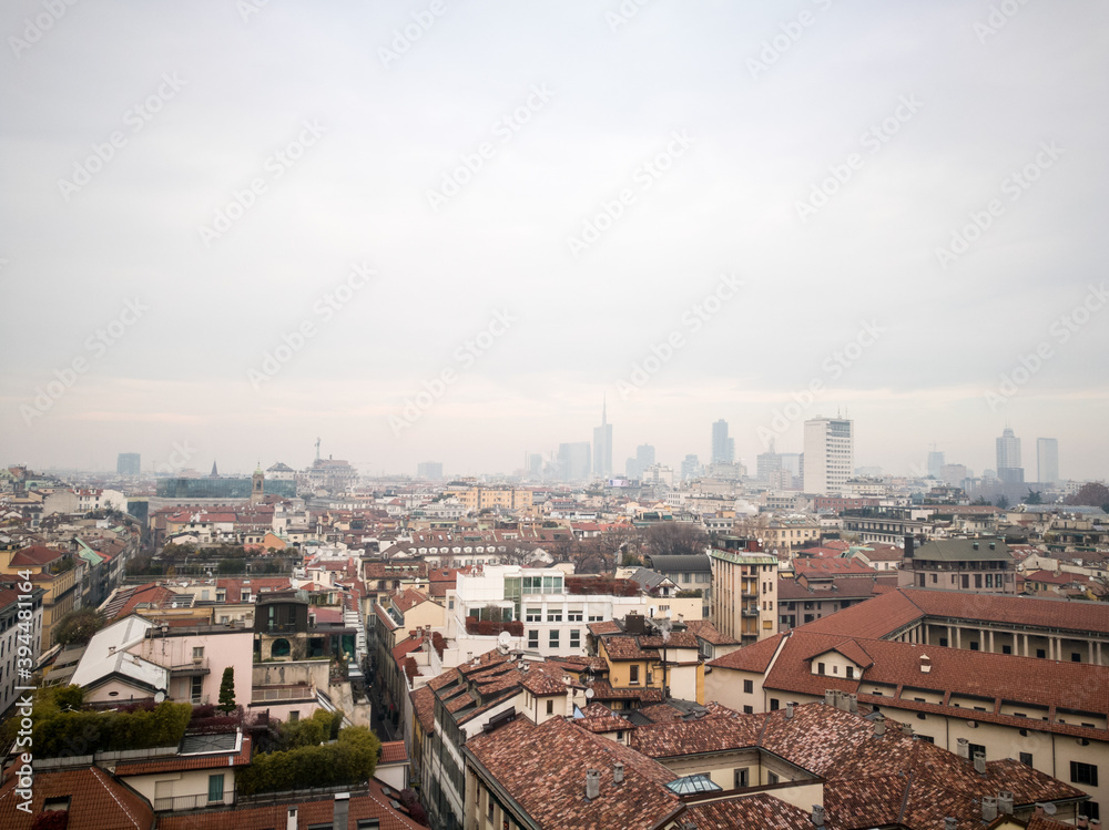 Rare aerial view of Milan downtown, Italy