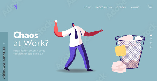 Office Worker, Reject Idea, Deadline, Business Man Throw Document Landing Page Template. Tiny Businessman Throwing Paper
