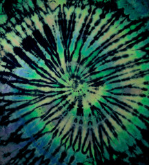 Spiral tie dye texture. Hippie tie-dye wallpaper. Boho festival tiedye background in green.