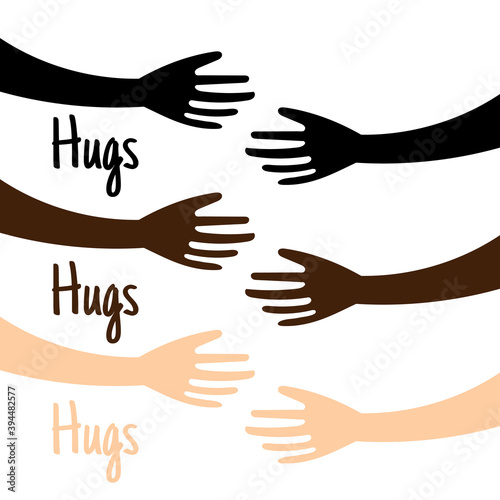 Human hands holding or embracing something logo sign. Creative emblem with arms in different colors vector illustration. Unique logotype design template. Isolated on white