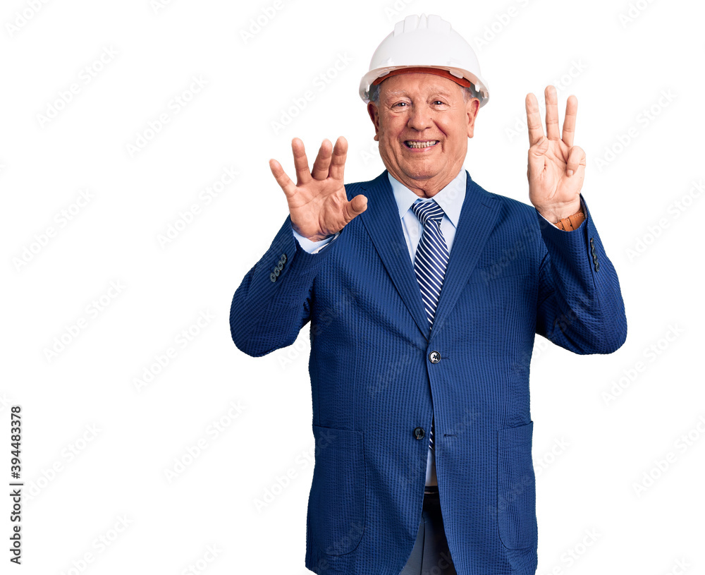 Senior handsome grey-haired man wearing suit and architect hardhat showing and pointing up with fingers number eight while smiling confident and happy. Senior handsome grey-haired man wearing suit and architect hardhat showing and pointing up with fingers number eight while smiling confident and happy.