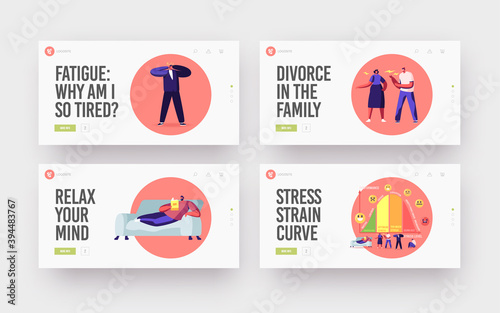 Tiny Characters at Huge Stress Curve with Levels Landing Page Template Set. Inactive, Laid Back, Fatigue, Exhaustion