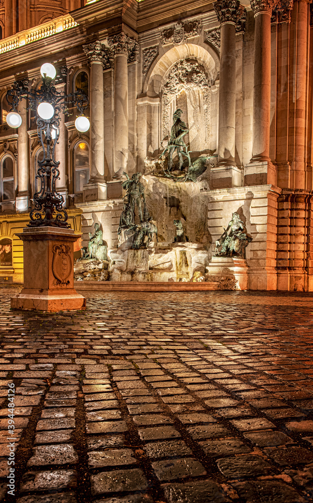 Fototapeta premium Fountain at night in the Royal Castle, Budapest