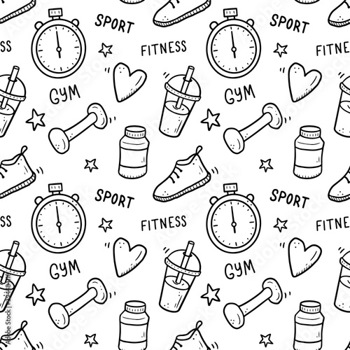 Hand drawn seamless pattern of fitness, gym equipments. Doodle sketch style. Sport element drawn by digital brush-pen. Illustration for icon, frame, background.
