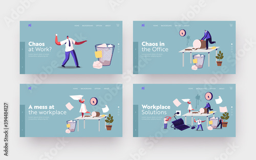 Anxious Business Characters in Chaos Workplace Landing Page Template Set. Deadline, Stressed Workers Hurry with Job