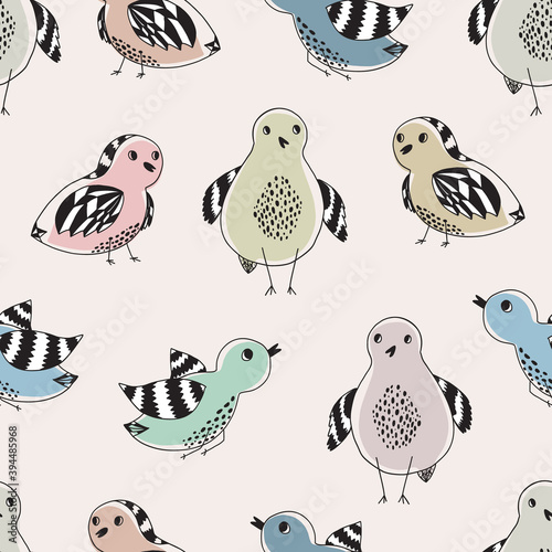 Cute pattern with colorful hand drawn doodle birds. Tender cartoon black outline bird with stain bodies for kids textile, print design, wallpaper, background, wrapping paper