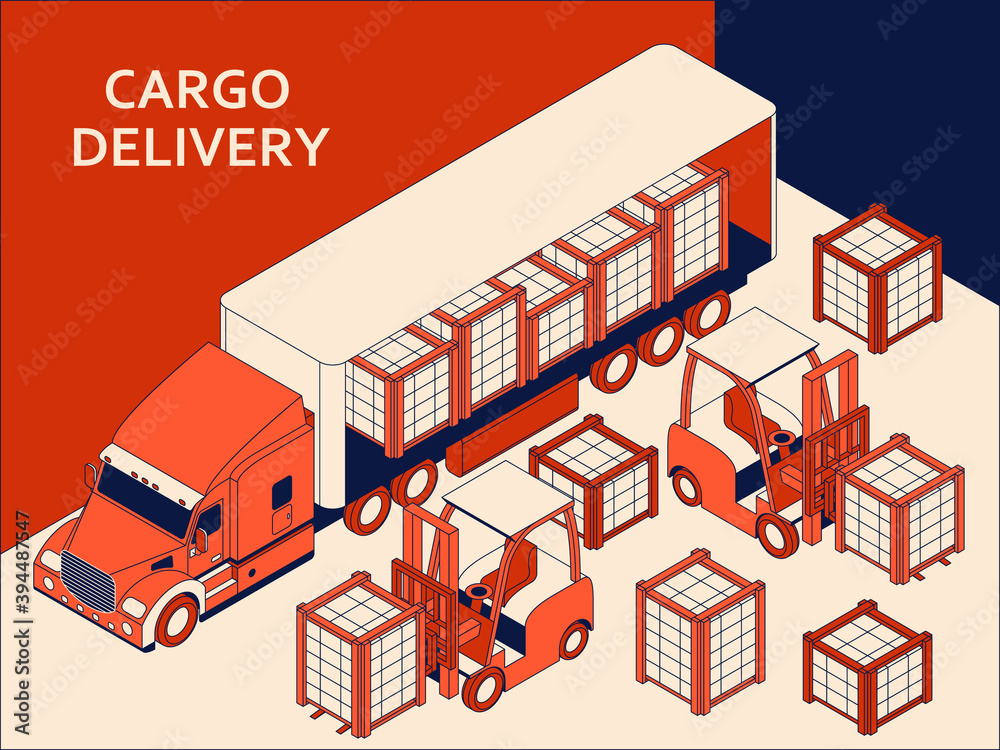 Isometric semi truck with red cab transporting commercial cargo. Forklift for raising