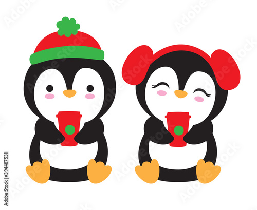 Cute Christmas penguins with hat and earmuffs holding holiday to go coffee drinks vector illustration