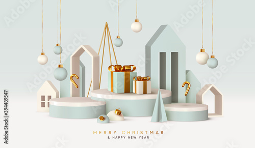 Christmas festive winter 3d composition. Realistic stage, podium, Xmas studio. Minimal abstract new year background. Creative holiday template. Banner and poster. Vector illustration