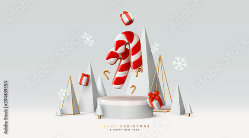 Christmas and New Year background. Xmas pine fir tree Abstract conical geometric. Red Candy cane from cookies, gifts box. Bright Winter holiday composition. Realistic 3d round stage, podium, studio.