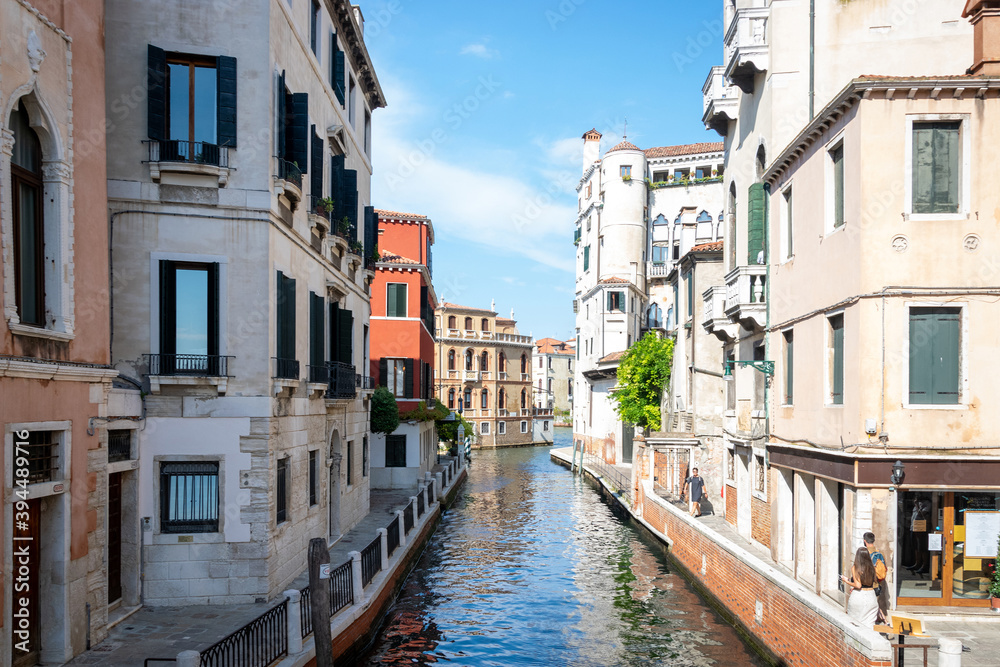 Old italian architecture with landmark bridge, romantic boat. Venezia. Grand canal for gondola in travel europe city. Italy, Venice.