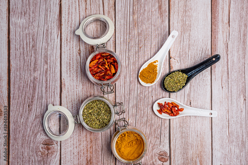 Overhead shot of spice jars Overhead shot of spice jars