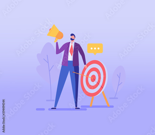 PR manager attracting customers with megaphone. Concept of PR, targeting, marketing. Successful work in Internet. The concept of journalism, target marketing, online advertising in flat design