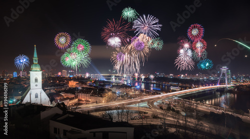 New Year Celebration. Fireworks on Danube River in Bratislava, Slovakia.