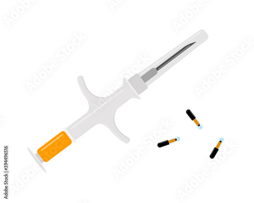 Pet microchips with syringe isolated on white background. Microchipping for dogs, cats and cattle. Animals permanent identification, ID, RFID technology. Vector flat illustration.
