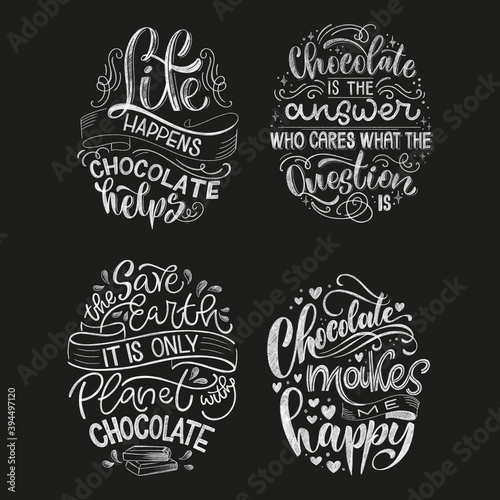 Chocolate hand lettering chalk quotes set. Christmas winter word composition. Vector design elements for t-shirt, bag, poster, card, sticker and menu