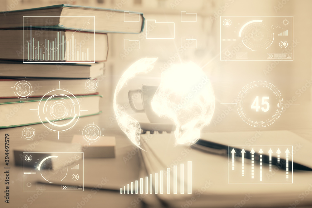 Double exposure of financial chart drawing and desktop with coffee and items on table background. Concept of forex market trading Double exposure of financial chart drawing and desktop with coffee and items on table background. Concept of forex market trading