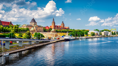 Aerial view of Chrobry Shafts, called Waly Chrobrego, moored ships and castle like buildings of National Museum and Passport Office, Szczecin, Poland