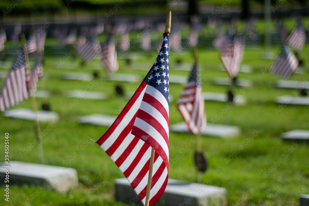 American flags on the graves of veterans during Memorial Day