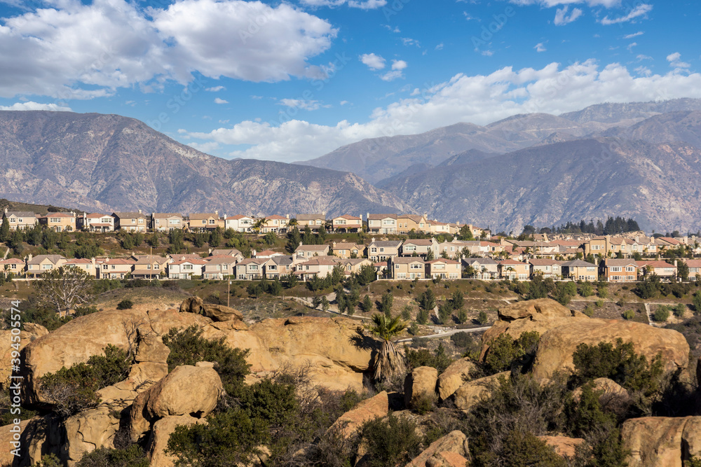 Hills and homes in the Porter Ranch neighborhood in Los Angeles, California.