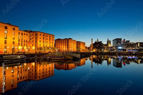 Nighttime view of Salthouse Docks next to the Albert Dock in the cultural quarter of Liverpool. Taken 11 June 2014 in Liverpool, Merseyside, UK