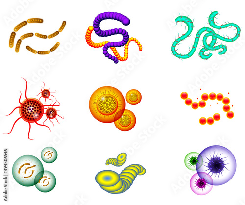 set of realistic bacteria or various microscopic virus and germs or realistic micro organism bacterium isolated. eps 10 vector, easy to modify