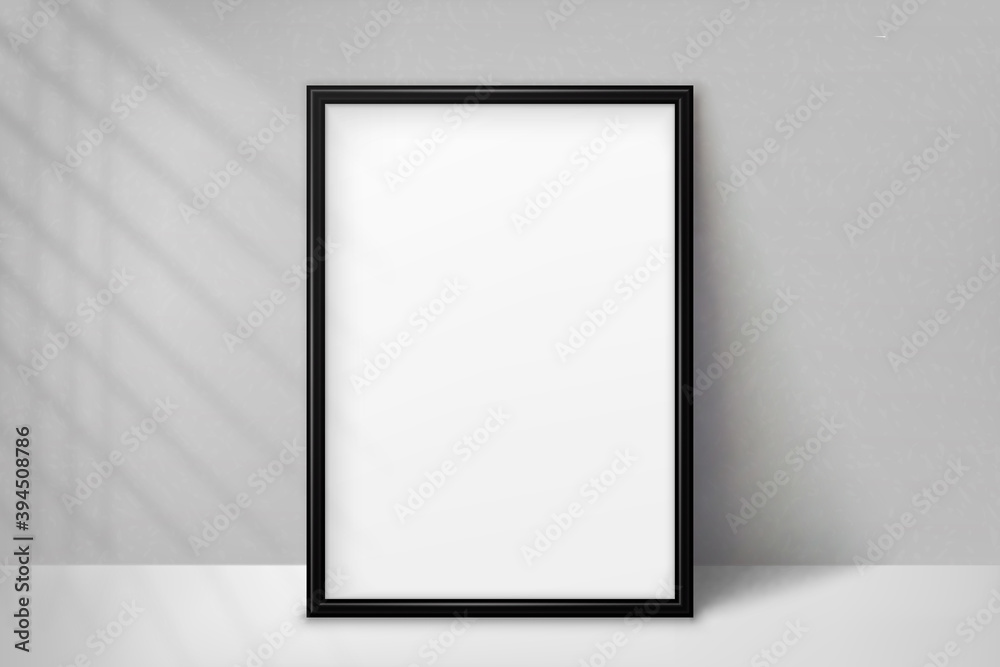 Mockup black frame photo on background wall with shadow. Mock up artwork picture framed. Vertical boarder. Empty board A4 photoframe. Modern 3d border for design prints poster, painting image. Vector Mockup black frame photo on background wall with shadow. Mock up artwork picture framed. Vertical boarder. Empty board A4 photoframe. Modern 3d border for design prints poster, painting image. Vector