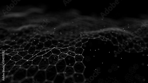 Futuristic black hexagon background. Futuristic honeycomb concept. Wave of particles. 3D rendering.