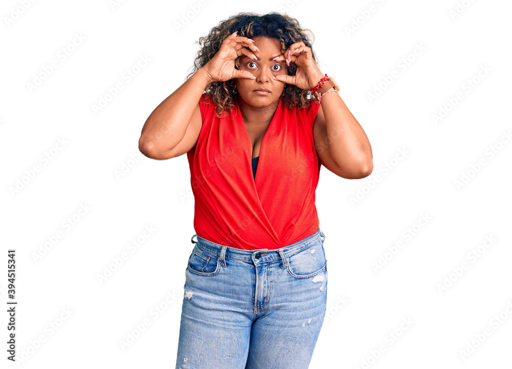 Young african american plus size woman wearing casual style with sleeveless shirt trying to open eyes with fingers, sleepy and tired for morning fatigue Young african american plus size woman wearing casual style with sleeveless shirt trying to open eyes with fingers, sleepy and tired for morning fatigue