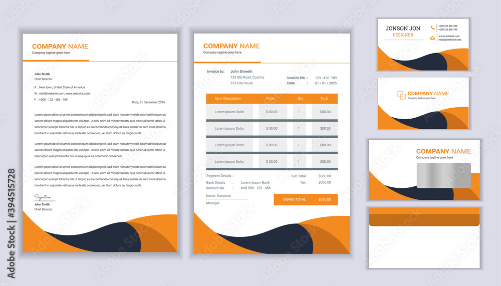 Corporate identity template. Stationery template design with letterhead template, invoice, envelope and business card.