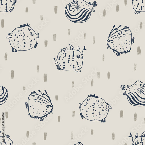 Seamless texture of cute fish. Hand drawn sketch painting on simple background.