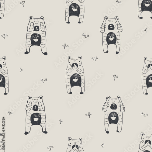 Seamless texture of little bears. Hand drawn sketch painting on simple background.