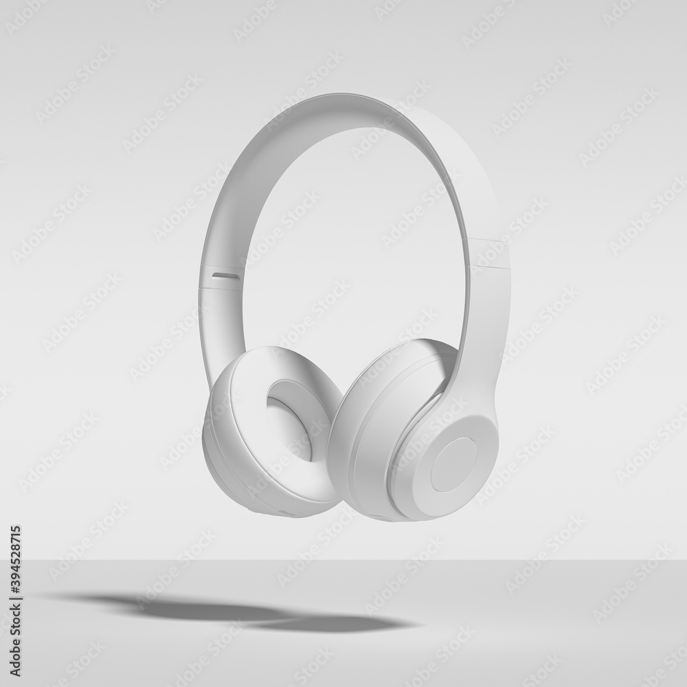 Headphones Isolated On White Background. Abstract Image of White Painted Headphones, Falling, Floating, Suspended, Isolated Against White. 3d Rendering. Headphones Isolated On White Background. Abstract Image of White Painted Headphones, Falling, Floating, Suspended, Isolated Against White. 3d Rendering.