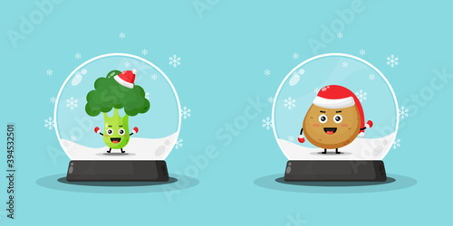 Cute broccoli and potato mascot on a snowglobe
