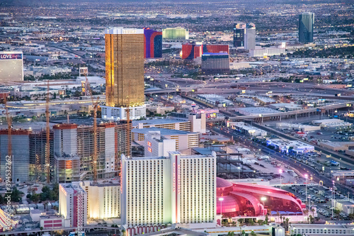Photography LAS VEGAS, NV - JUNE 29, 2018: Sunset aerial view of Casinos and Hotels along The Strip