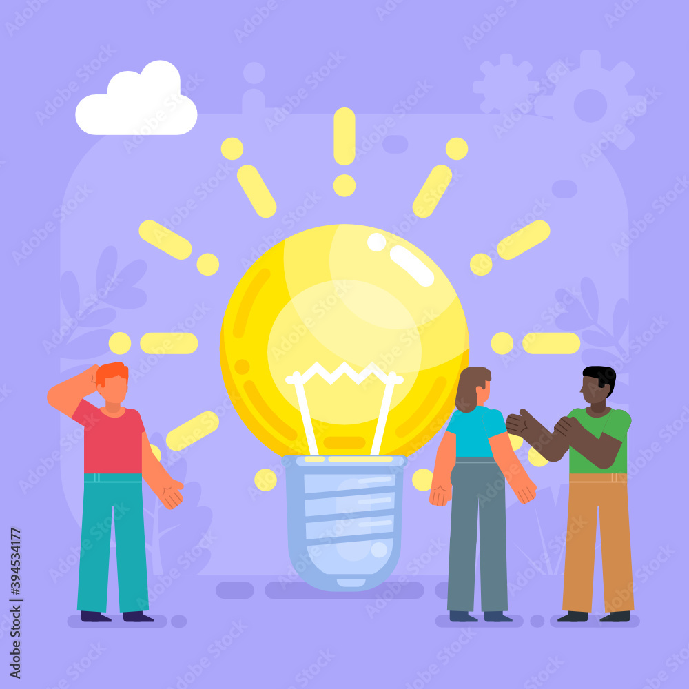 Team brainstorm, business idea, startup. People stand near big idea bulb discussing. Modern vector illustration