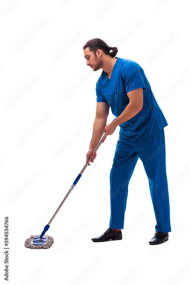 Young male assistant with mop isolated on white Young male assistant with mop isolated on white