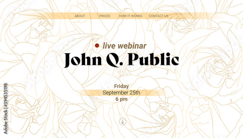Template for landing page or invitation for live webinar. Pattern of blossoming rose buds. Outline style, vector illustration