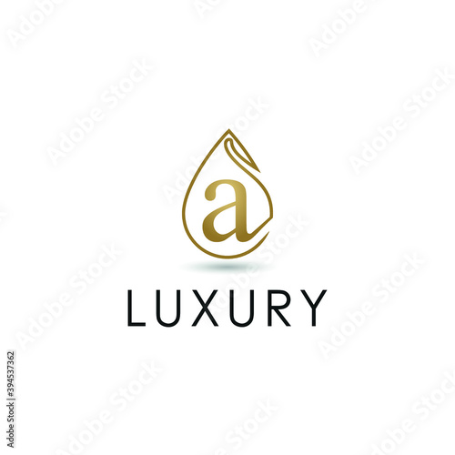 Elegant luxury initial a letter for cosmetic, make up, hotel, boutique business logo concept with golden line art liquid or water drop icon