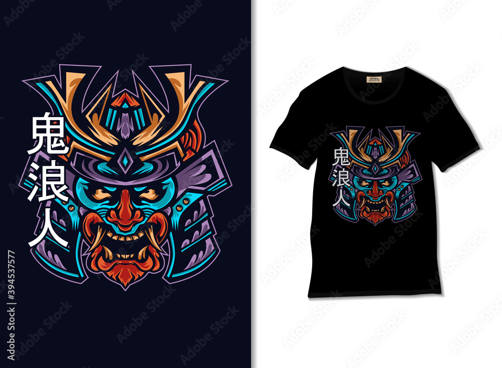 Japanese demon mask illustration with t shirt design. Oni mask vector Japanese demon mask illustration with t shirt design. Oni mask vector