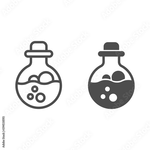 Potion scale with bubbles line and solid icon, halloween concept, mana in bottle with stopper sign on white background, liquid charm in flask icon in outline style for mobile concept. Vector graphics.
