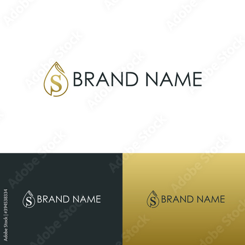 Elegant luxury initial s letter for cosmetic, make up, hotel, boutique business logo concept with golden line art liquid or water drop icon