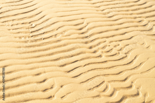 Sand texture on a sea shore. Wavy sand background close-up.