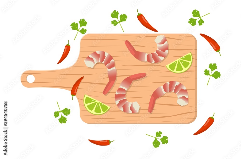 spicy Thai food, Tom Yum Kung, ingredients on a wooden cutting board spicy Thai food, Tom Yum Kung, ingredients on a wooden cutting board
