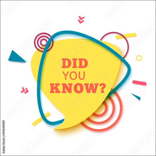 Did you know speech bubble in paper cut style. Quiz show sticker in memphis retro style. 80s 90s banner with geometric shapes. Vector illustration with yellow label and blue frame on white backgound