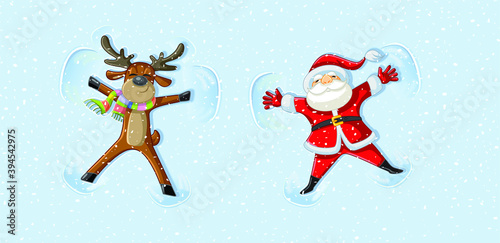 Santa and Reindeer making Snow Angels Celebrating Christmas