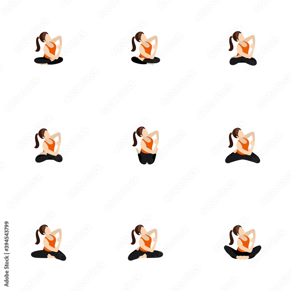 Seated side bend and twist yoga asanas set/ Illustration stylized woman practicing butterfly, lotus and other poses with side lean and twist Seated side bend and twist yoga asanas set/ Illustration stylized woman practicing butterfly, lotus and other poses with side lean and twist