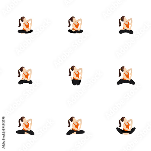 Seated side bend and twist yoga asanas set/ Illustration stylized woman practicing butterfly, lotus and other poses with side lean and twist